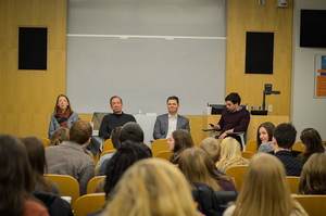 Kathleen Ronayne ('12), left, Michael Kranish ('79), Dave Levinthal ('02) and Brett LoGiurato ('11) react to a question during the keynote political panel during D.O. Palooza on March 4. Dozens of alumni returned to Syracuse University for The D.O.'s annual alumni event, which was held March 3-5.